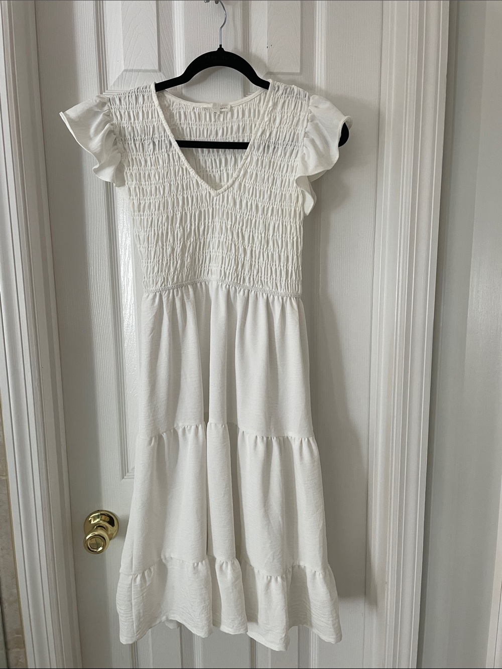 Boutique White Smocked Flutter Sleeve Tiered Dress